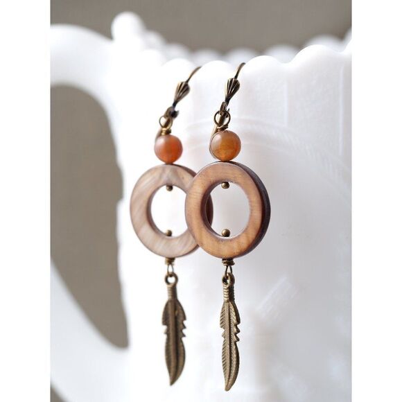 Tiger's Eye Shell Hoop Earrings With Feathers - Picture 1 of 2